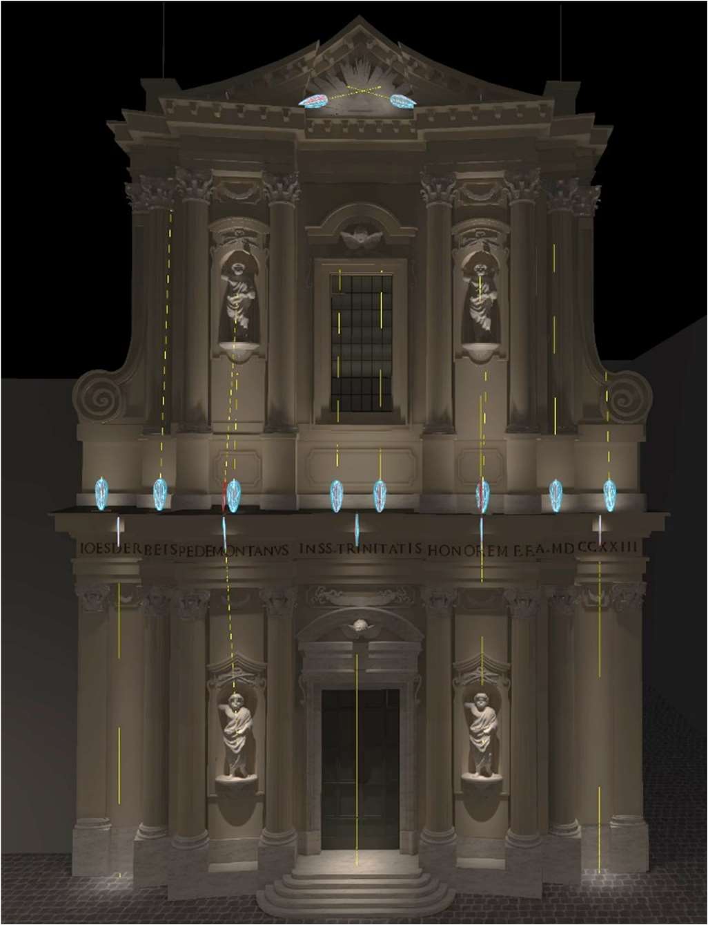 Visualisation of the lighting result. Positioning of the luminaires and 3D representation of the photometric solids. Frontal view